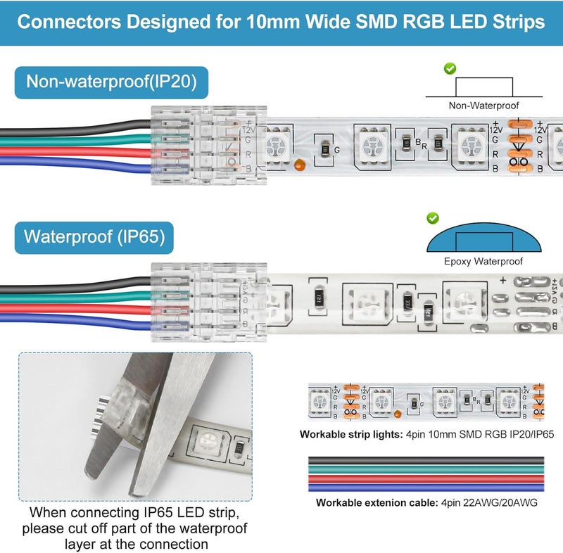 RGBZONE 25Pcs 4 Pin 10mm LED Connectors Gapless Solderless LED Strip to Wire Quick Connection for 10mm Wide 5050/3528 SMD RGB LED Strip Light - Image 4